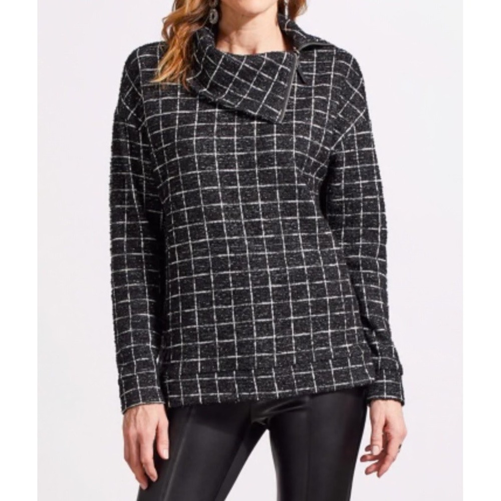 Tribal Black‎ White Grid Textured  Medium Cowl Neck Zip Sweater Top Women
